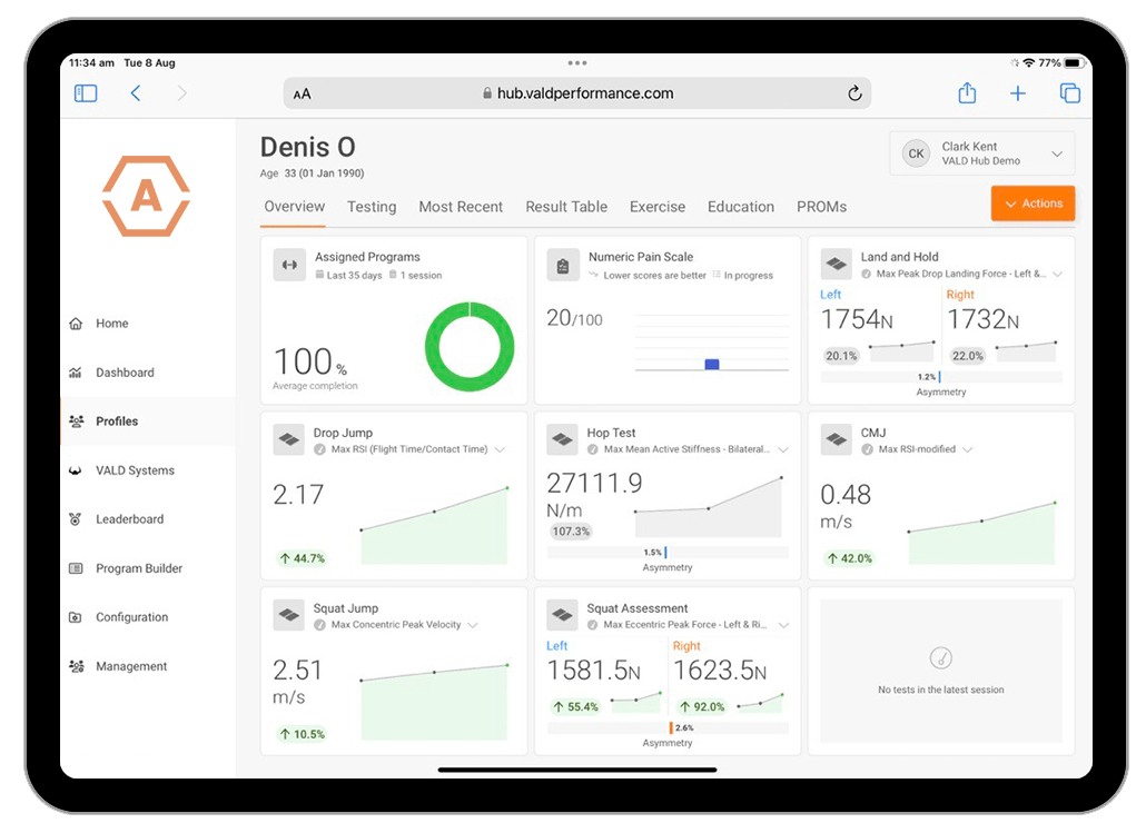 VALD Hub athlete profile displaying a number of metrics from the plyometric continuum (along with other VALD data), all in one dashboard.