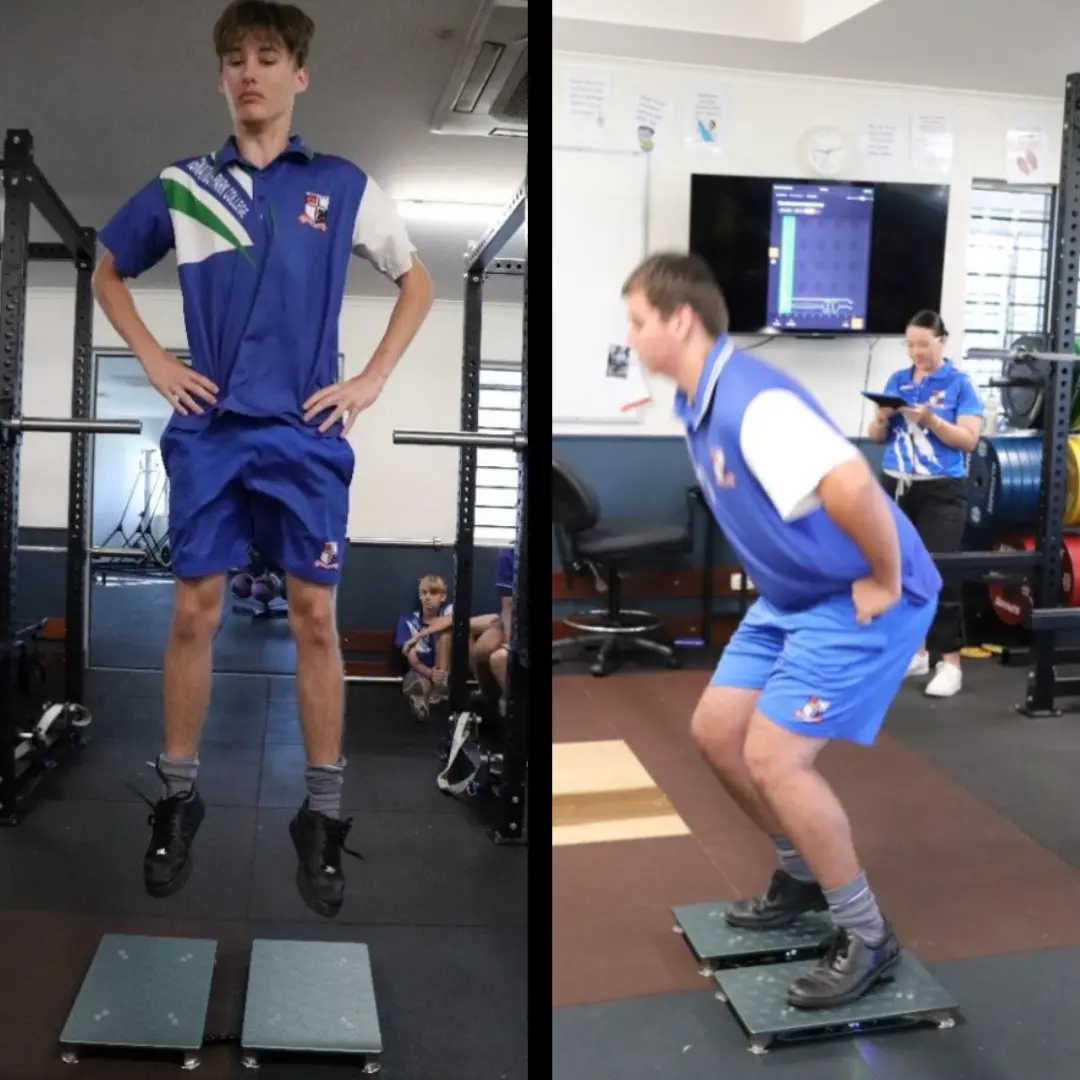 Ignatius Park College students performing a Countermovement Jump (CMJ) test with ForceDecks and viewing live data.