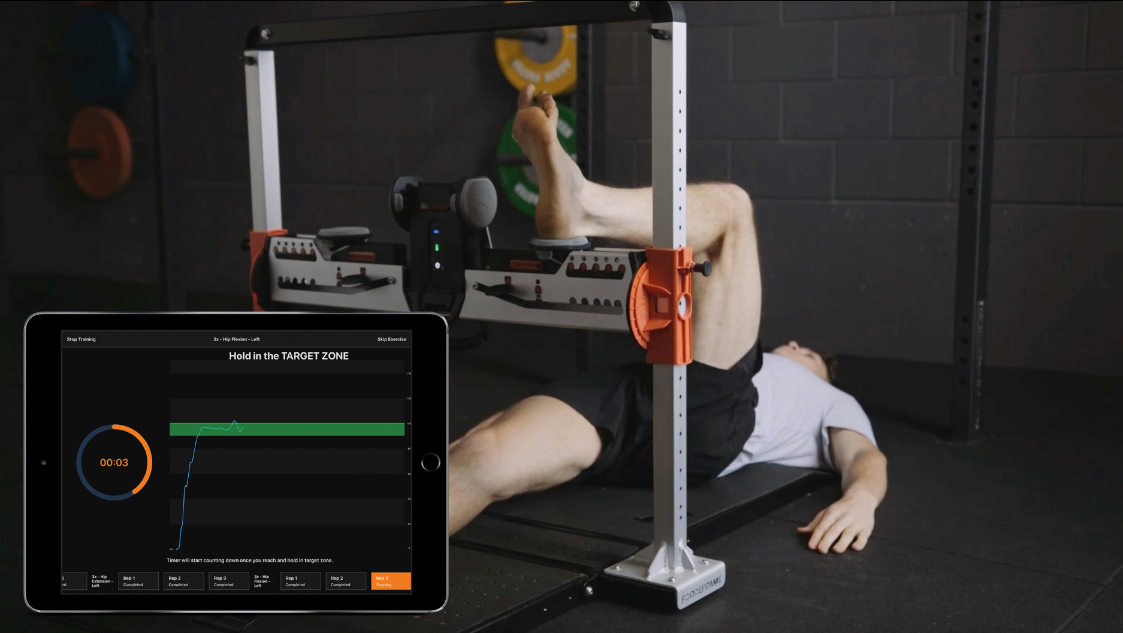 An example of a knee flexion isometric training exercise using ForceFrame's Training Mode.
